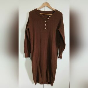 Brown Waffle Knit Sweater Dress Medium Oversized Button Henley
